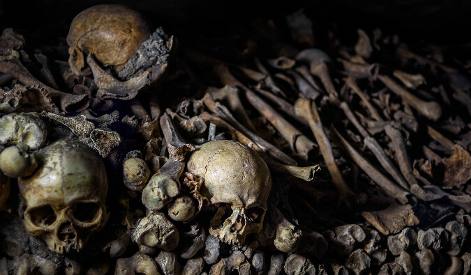 Human Skulls and bones in Catacombs Paris