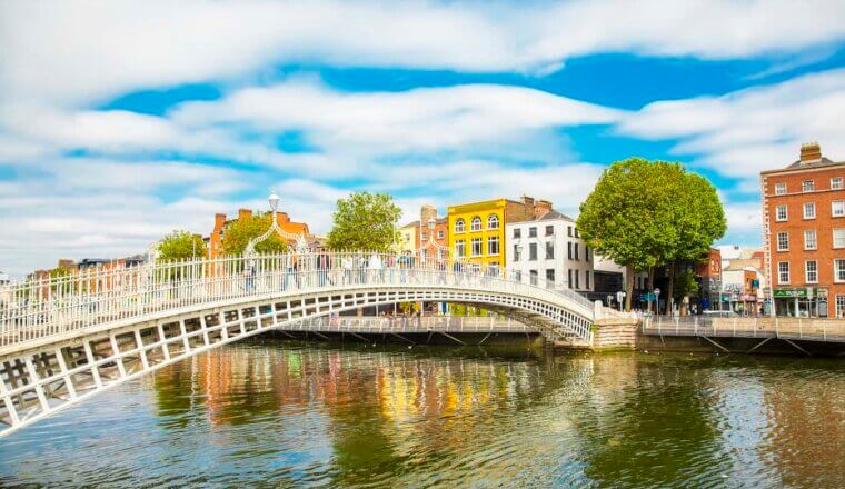 A blue sky over the Old Town of sunny Dublin, Ireland