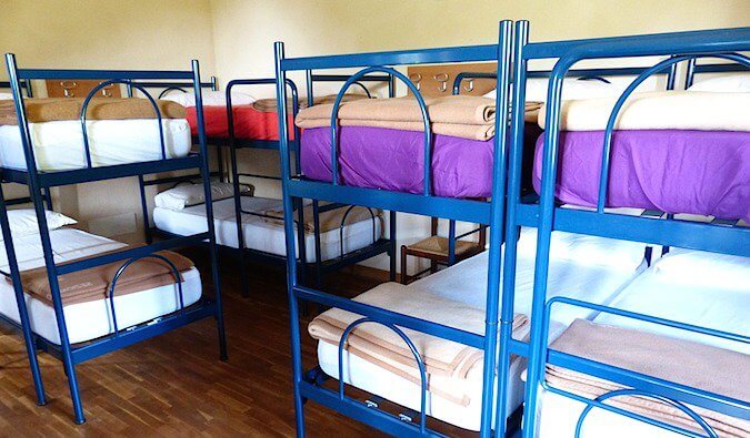 Beds in a hostel dorm room