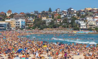 A full crowd of people at Bondi Beach in Australia