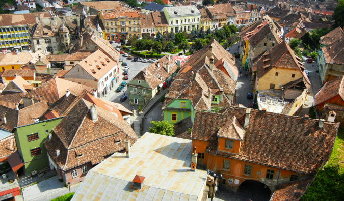 areal view of a town in Romania looking down over the town centre