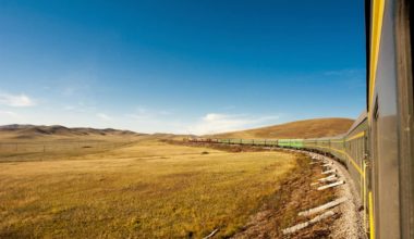 The Trans-Siberian train tarveling across the Russian steppe