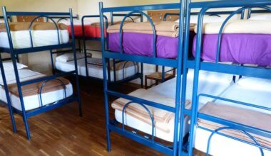 Bunk beds in an empty dorm in a hostel