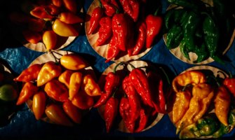 Colorful hot peppers together on a table