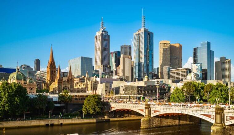 The towering skyline of Melbourne, Australia on a bright and sunny summer day