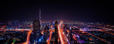 The Dubai skyline at night all light up