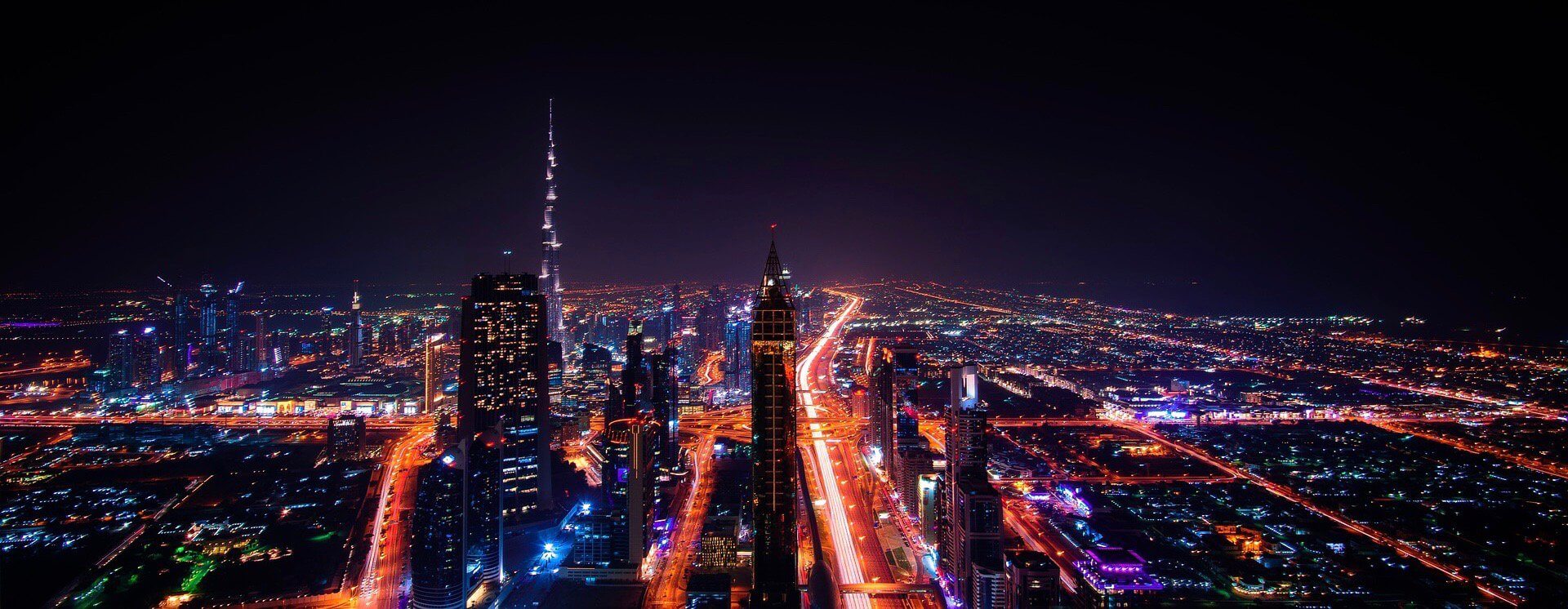 The Dubai skyline at night all light up