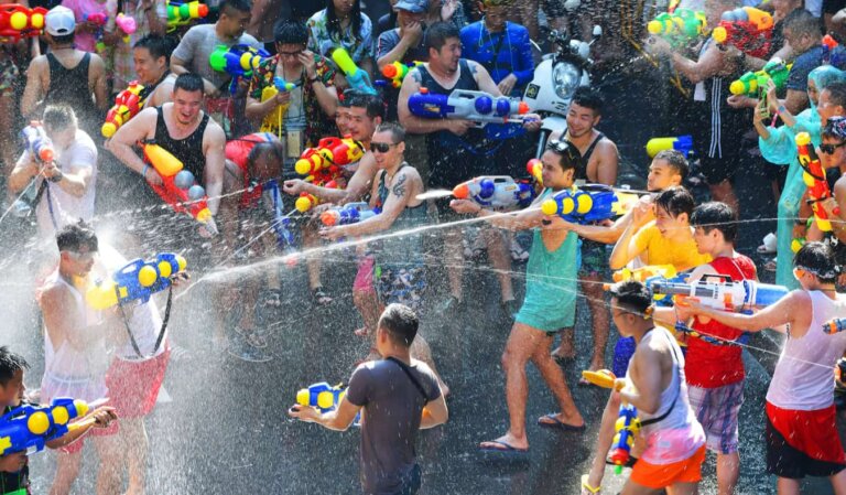 People having a water fight during Songkran, the Thai New Year