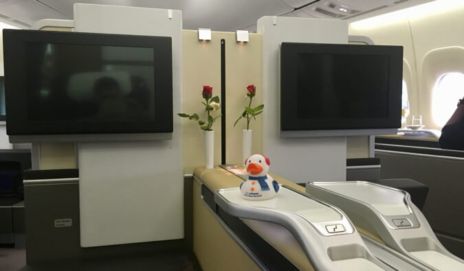 Lufthansa first class with a duck in the picture
