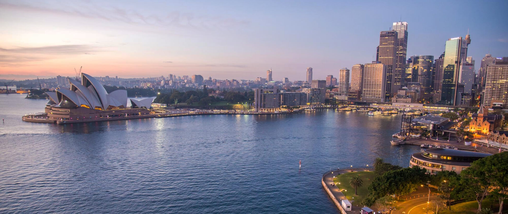 View of Sydney Harbor in Australia looking down over the water front Sydney opera house in the forefront