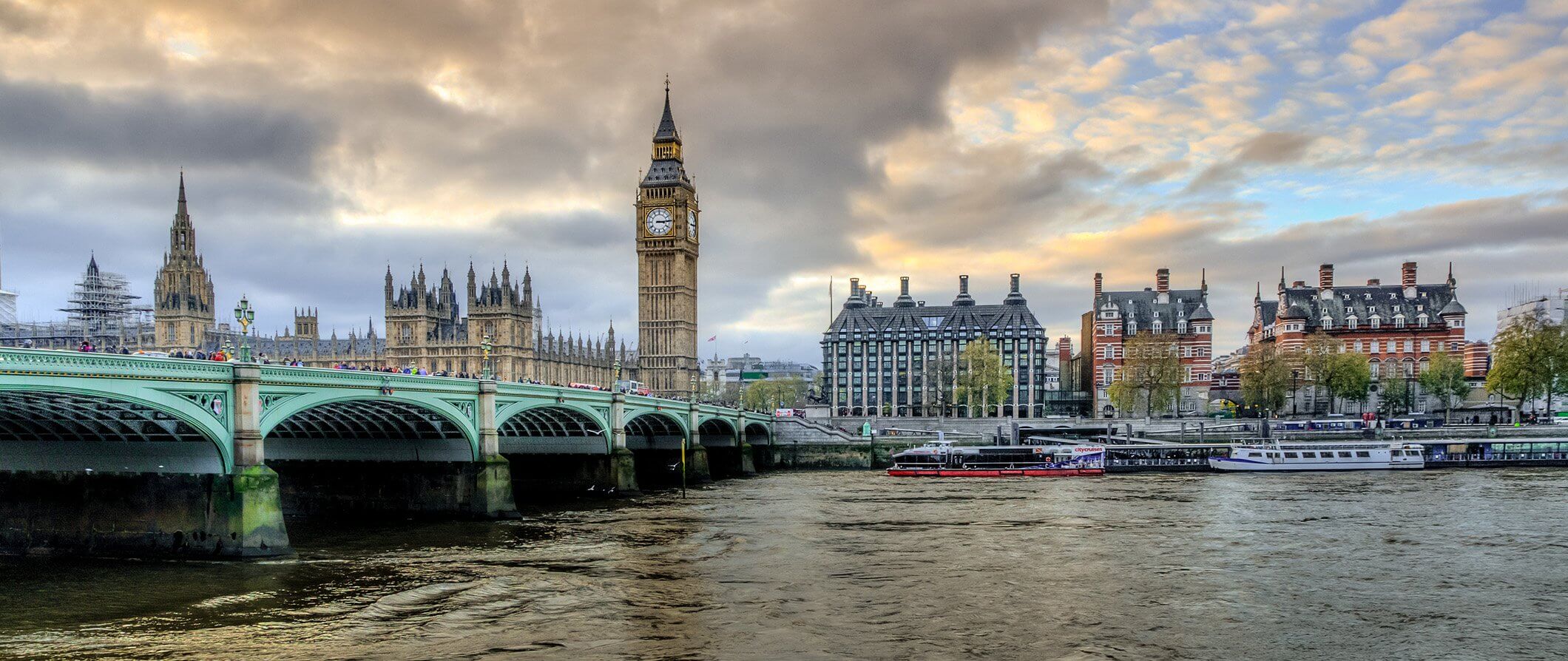 London from the river Themes looking across the bridge towards the houses of parliament and Big Ben