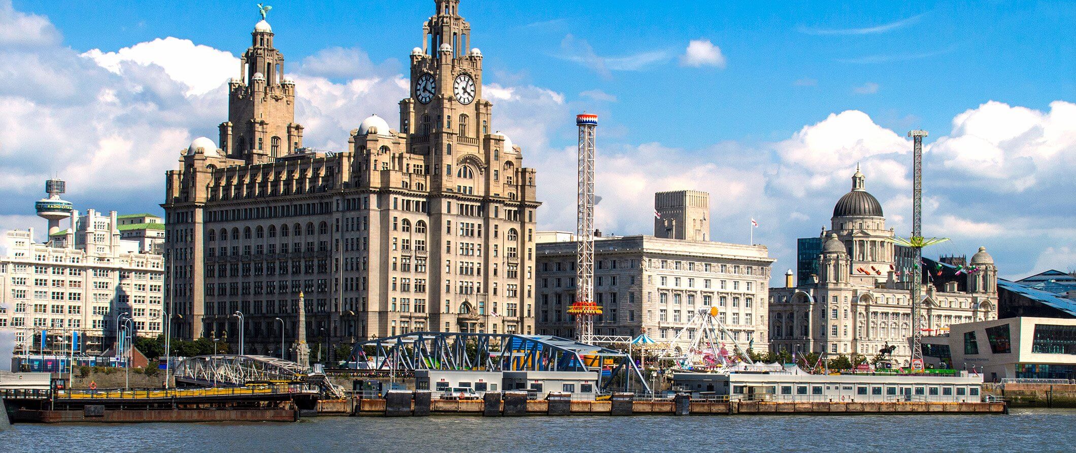 Liverpool taken from the river Mersey looking towards the iconic Liver building with the Liver Birds