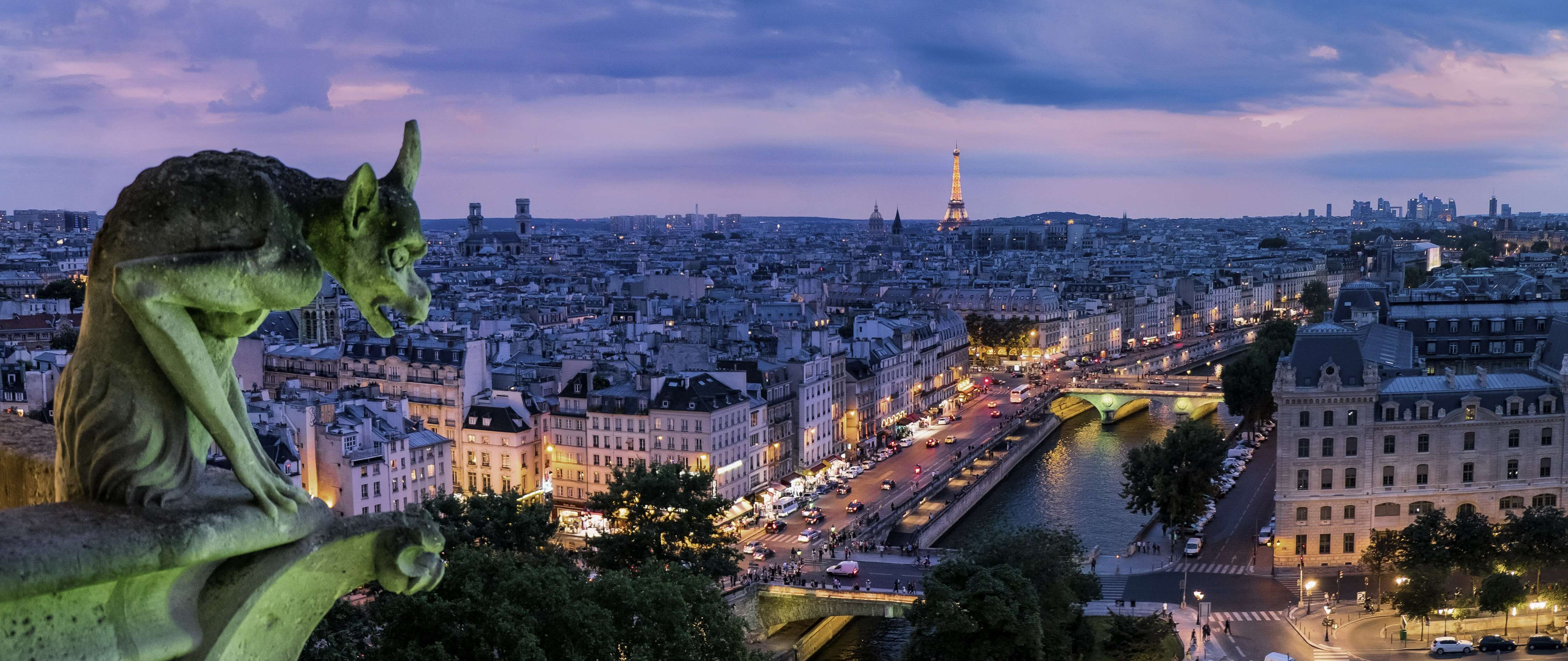 city view of Paris lit up at night. A gargoyle in the foreground and the Eiffel tower in the background