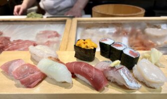 Delicious fresh sushi in a small restaurant in Tokyo, Japan