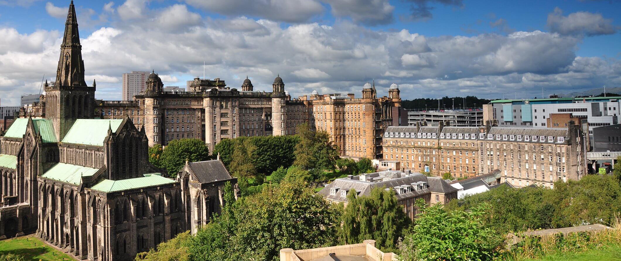 city view of Glasgow buildings and a church