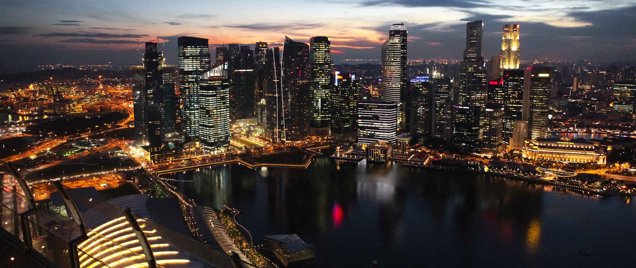 The Singapore skyline lit up at night