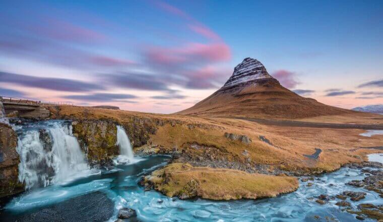 The iconic Kirkjufell mountain standing tall in beautiful Iceland