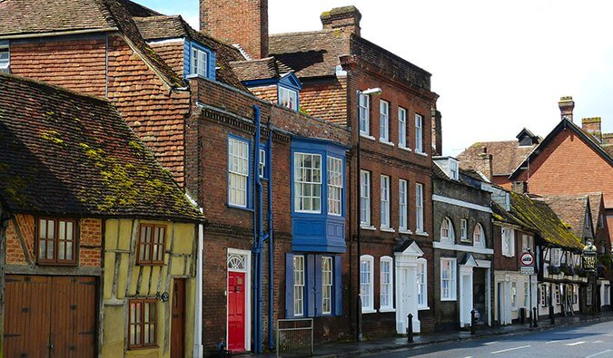 Street view of Salisbury terrace town houses with different color doors