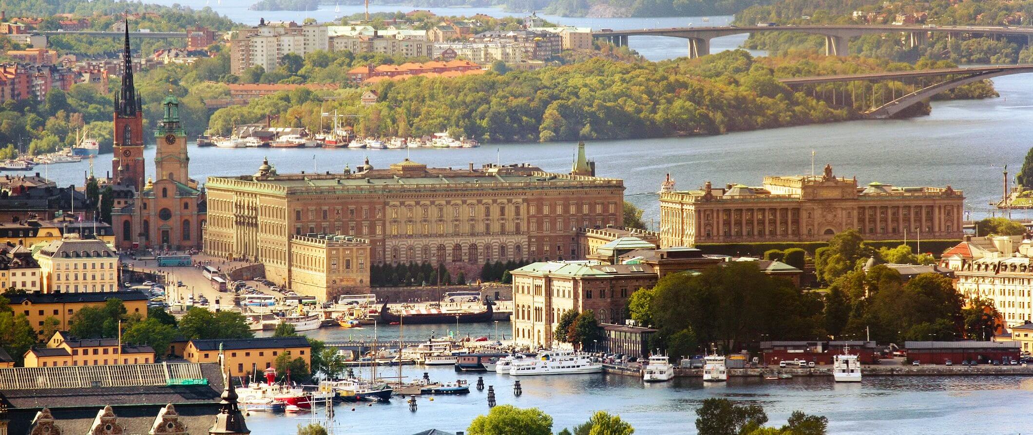 areal view of Stockholm looking out across the river and bridges