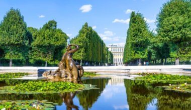 A calm fountain reflecting the trees near a palace in Vienna, Austria