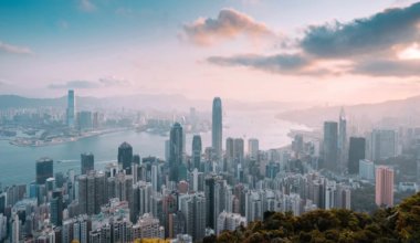 Hong Kong's beautiful skyline from above at the golden hour