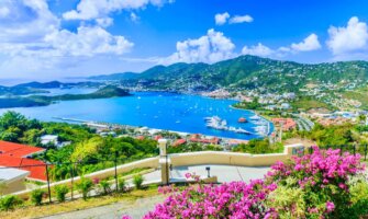 The view looking out over the beautiful coast of St. Thomas in the Virgin Island on a sunny and bright day