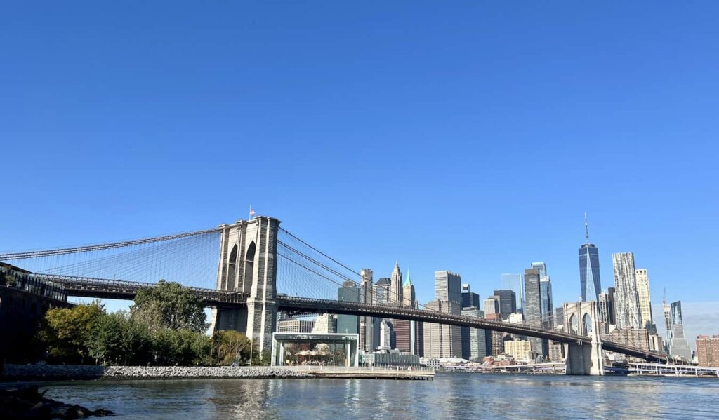 A view from the shore of NYC looking out over the towering Manhattan core