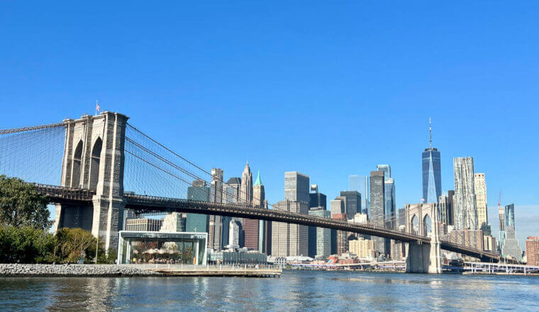 A blue sky and sunny day overlooking the towering skyline of Manhattan, NYC