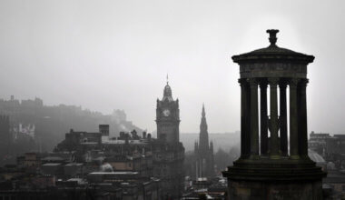 A black and white photo of the city of Edinburgh