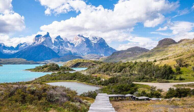 A stunning photo of the mountains of Torres del Paine, Chile in the summer