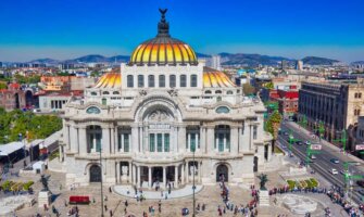 The Art Nouveau Palacio de Bellas Artes with its beautiful domed rooftop on a sunny day in Mexico City, Mexico