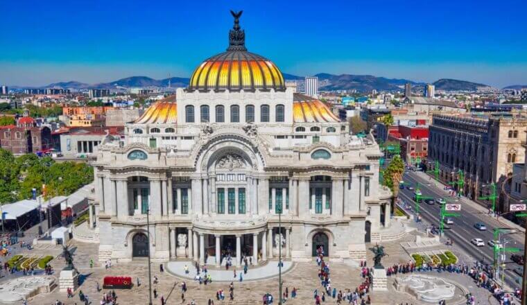 The Art Nouveau Palacio de Bellas Artes with its beautiful domed rooftop on a sunny day in Mexico City, Mexico