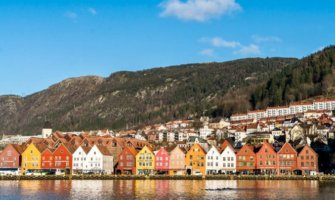 The historic and colorful old buildings of Bergen, Norway in the summer
