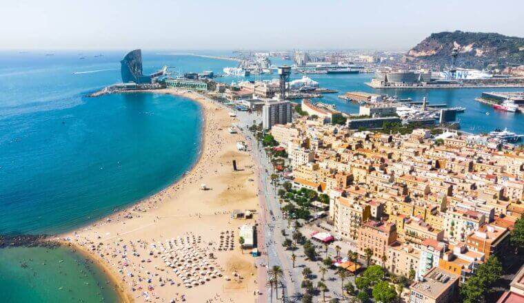 Panoramic views over the city and beaches of Barcelona, Spain