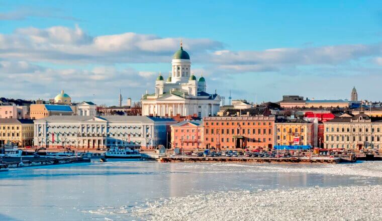 A snow day in sunny Helsinki, Finland overlooking the water