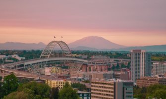 A colorful pink sunset over Portland, Oregon, USA