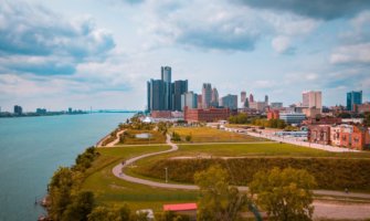 The downtown skyline of Detroit, Michigan during the summer