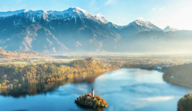 A small island on Lake Bled in Slovenia