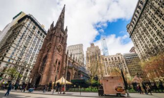 A wide-angle shot of Trinity Church in New York City, USA