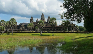 The ancient Angkor Wat temple in Cambodia reflected in wateer