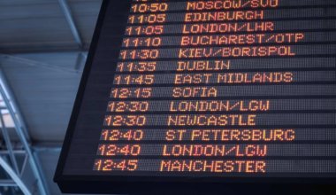 A list of destinations on a board at an airport