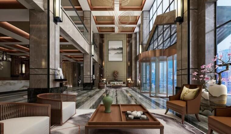 A huge hotel lobby in a luxury hotel