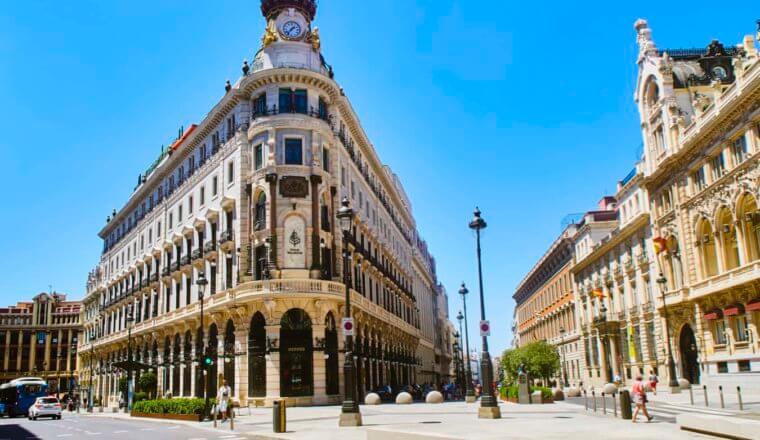 The charming historic buildings in Madrid, Spain on a bright summer day