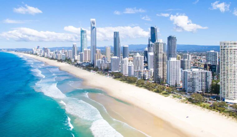 An aerial view of the stunning highrises along the beach in Gold Coast, Australia