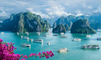 The stunning Ha Long Bay in Vietnam, with flowers in the foreground