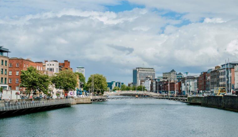 The view overlooking the River Liffey in Dublin, Ireland as it dives the city on a sunny day