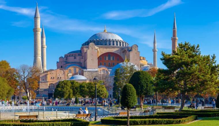 The iconic Hagia Sophia in Istanbul, Turkey, on a bright and sunny day