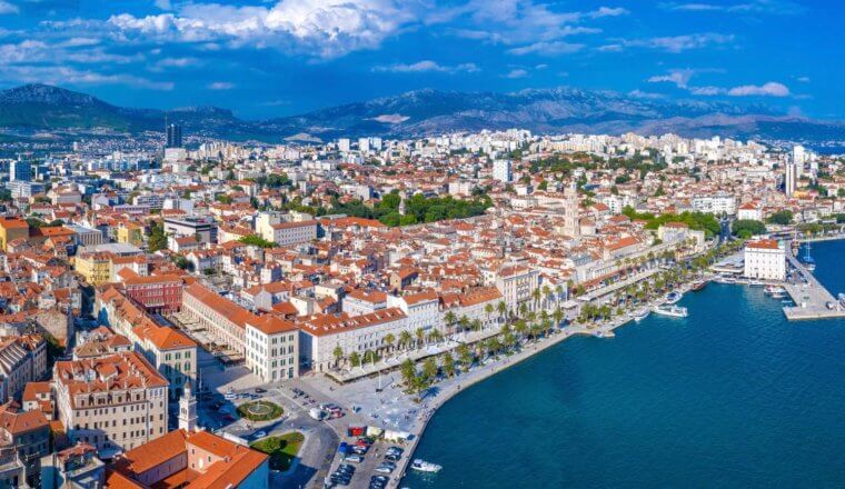 A birds-eye view of Split, Croatia on a sunny day along the Dalmatian Coast