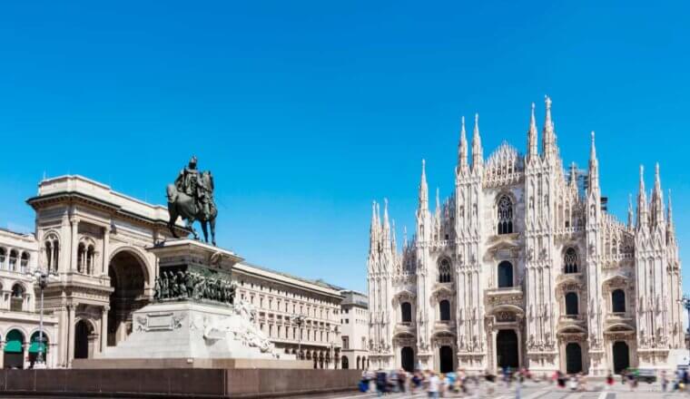 The towering cathedral in Milan, Italy on a sunny summer day