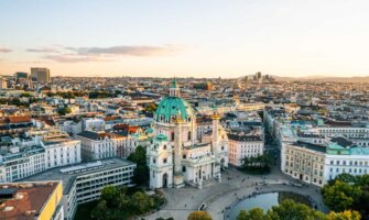 A stunning drone view of Vienna, Austria with the Karlskirche in the foreground